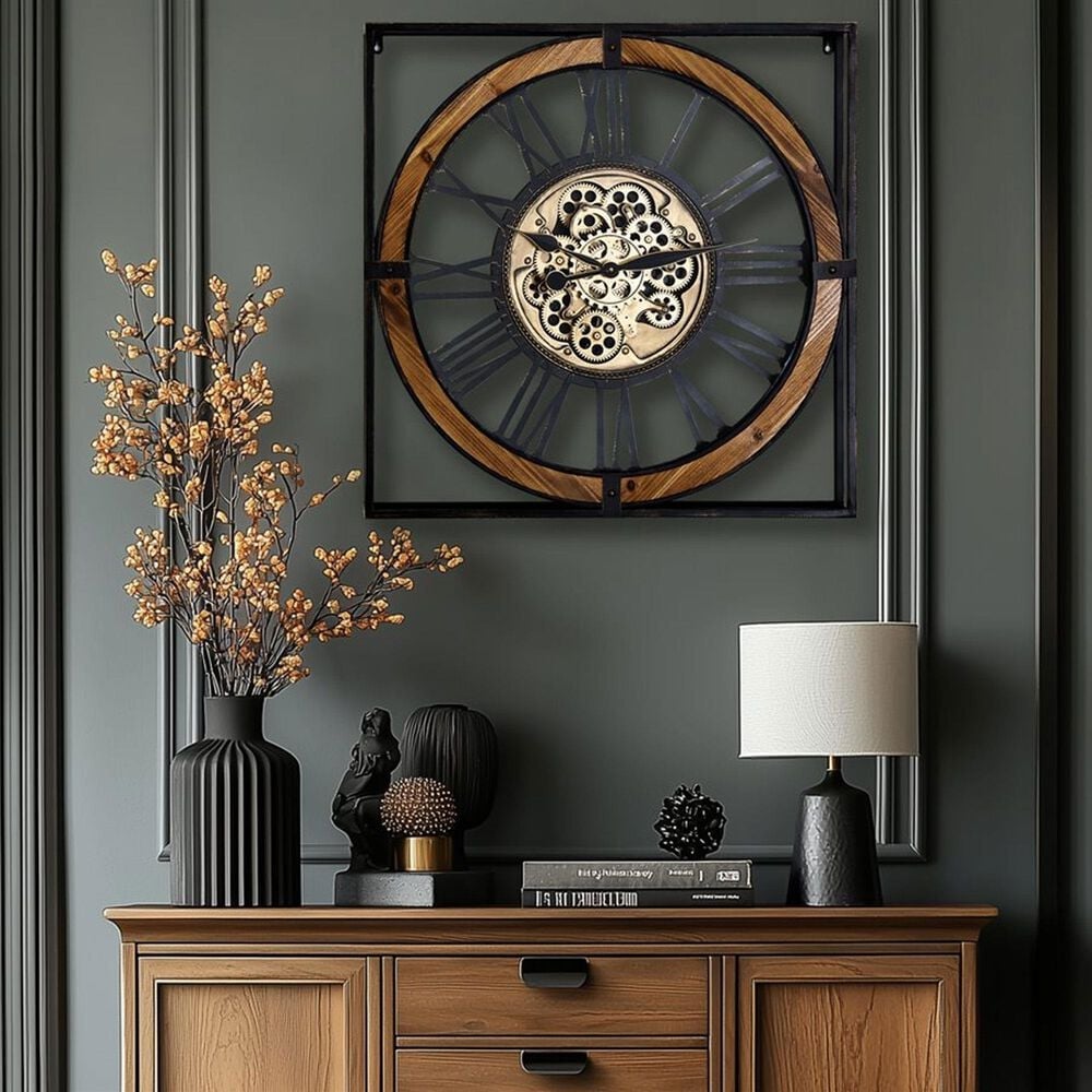 Yosemite Home Decor Iron Framed Gear Wall Clock in Black and Gold, , large