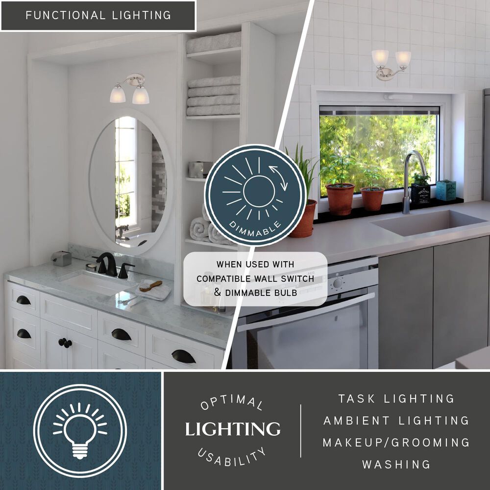 Vaxcel Bellwood 2-Light Bathroom Vanity with Frosted Glass Shades in Satin Nickel, , large