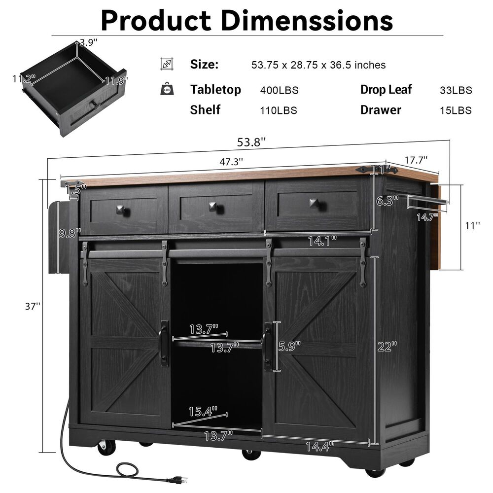 HOMLUX 54" Kitchen Island with Sliding Barn Door in Black, , large