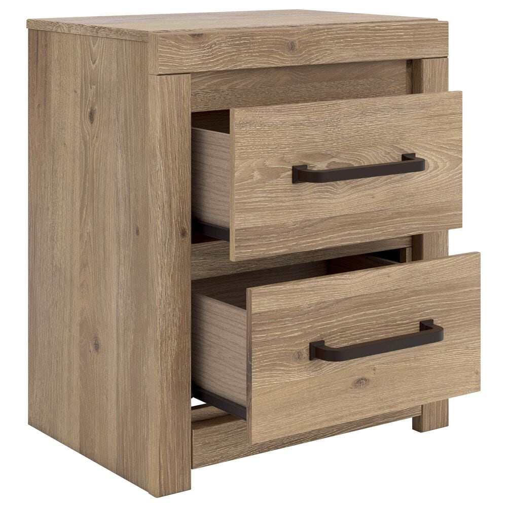 Ashley Brozmont King Panel Bed with Dresser Chest and 2 Nightstands in Natural Brown, , large