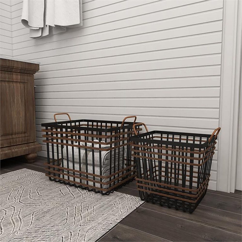 Maple and Jade Storage Basket with Handles in Matte Black and Brown &#40;Set of 2&#41;, , large