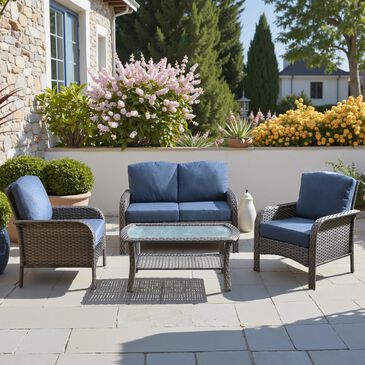 HOMLUX 4-Piece Patio Conversation Set with Grey Wicker in Denim Blue, , large