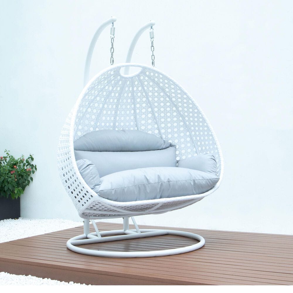 Leisuremod 2-Seat Hanging Egg Swing Chair with Light Grey Cushion in White, , large