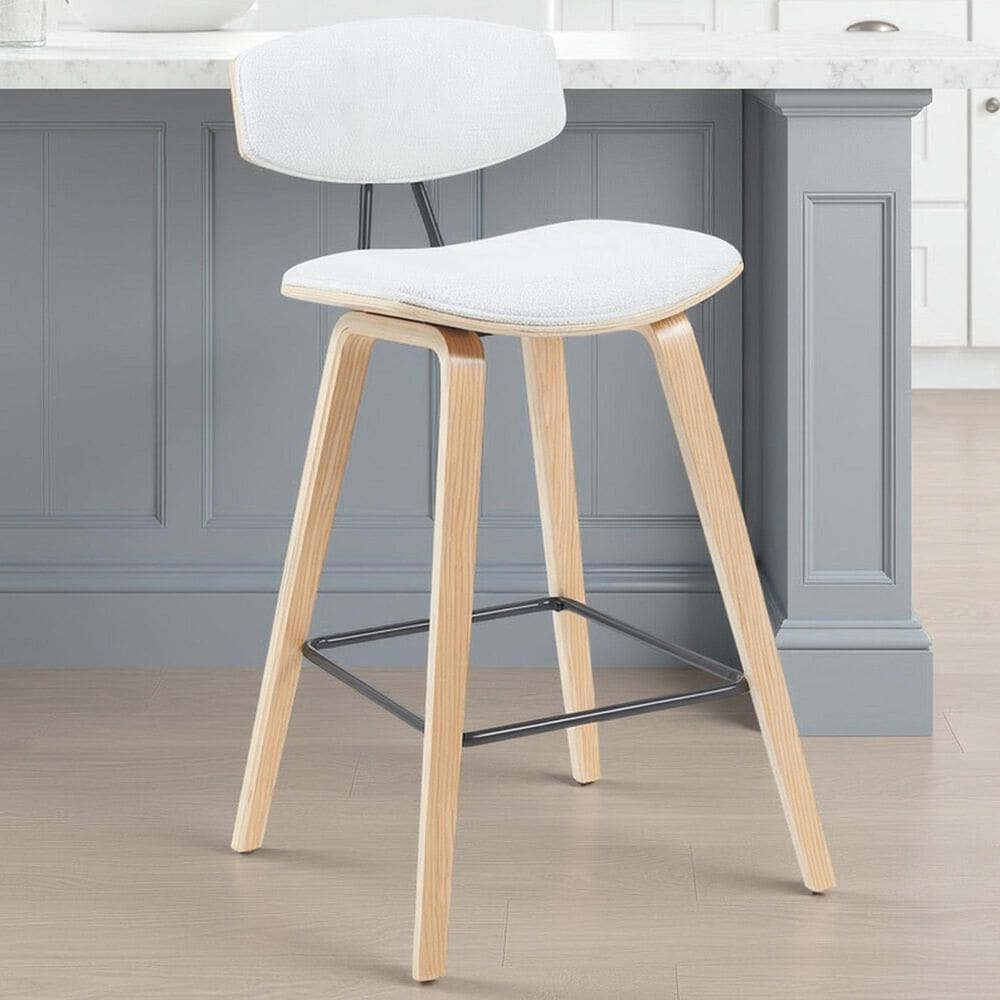 Armen Living Fox Counter Height Stool with White Upholstery in Patterned Oak, , large