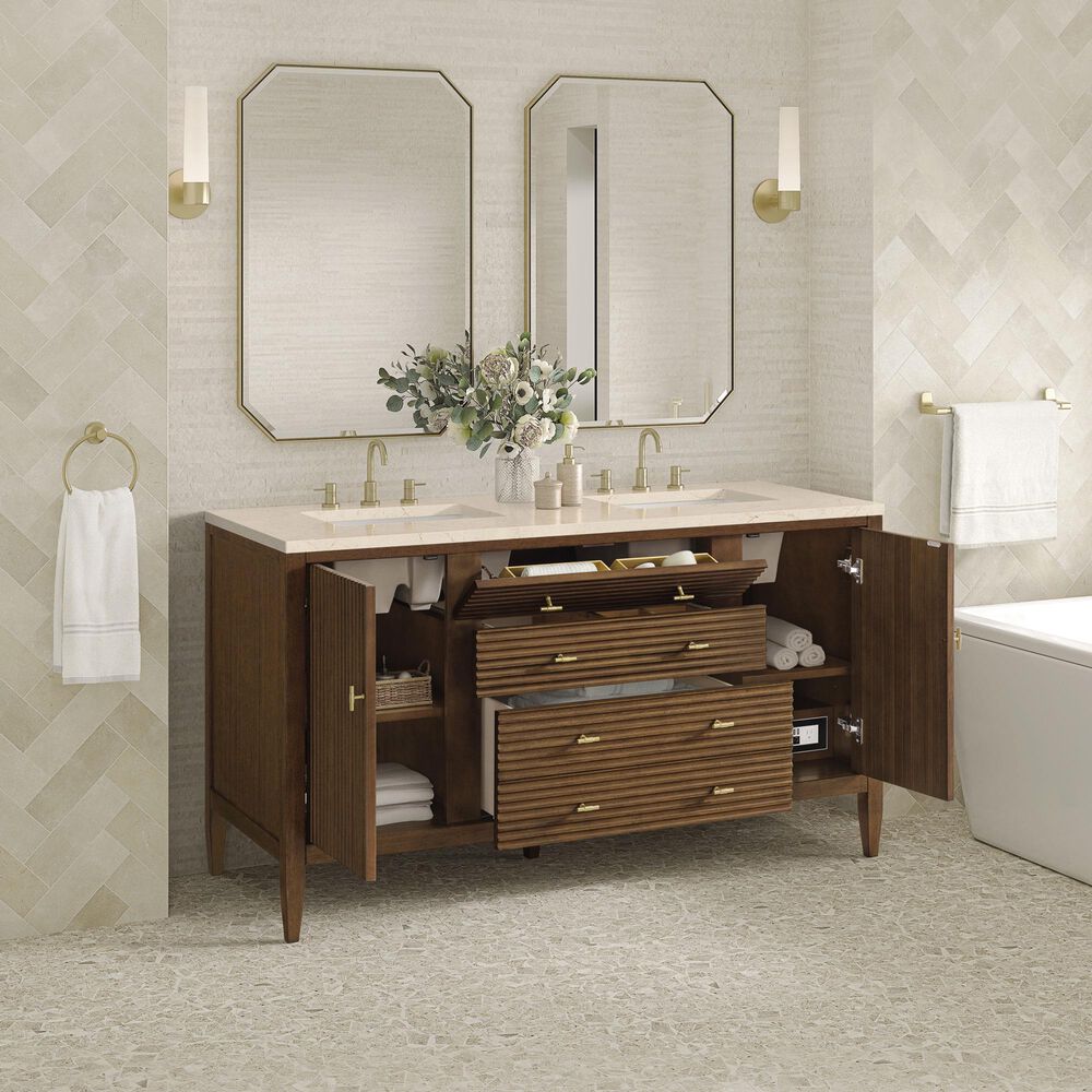 James Martin Vanities Myrrin 60&quot; Double Vanity in Mid-Century Walnut with 3 cm Eternal Marfil Quartz Top, , large