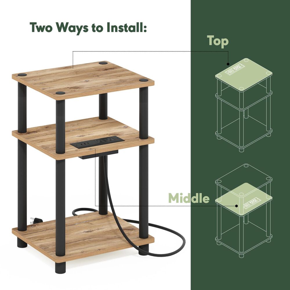HOMLUX 3-Tier Just Turn-N-Tube End Table with 2 USB ports in Flagstaff Oak and Black, , large
