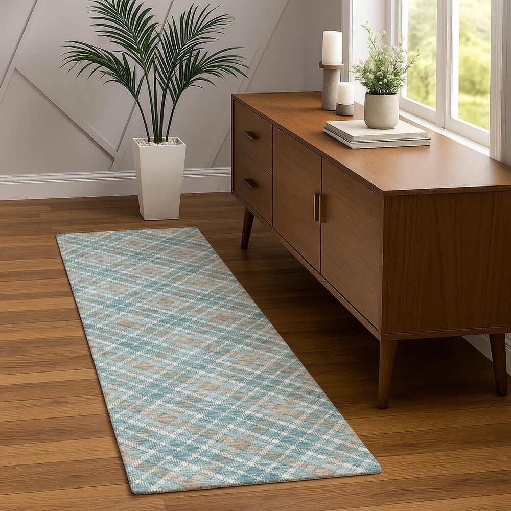 Dalyn Rug Company Soft Essentials Plaid Teal 2'3" x 7'6" Indoor/Outdoor Runner, , large