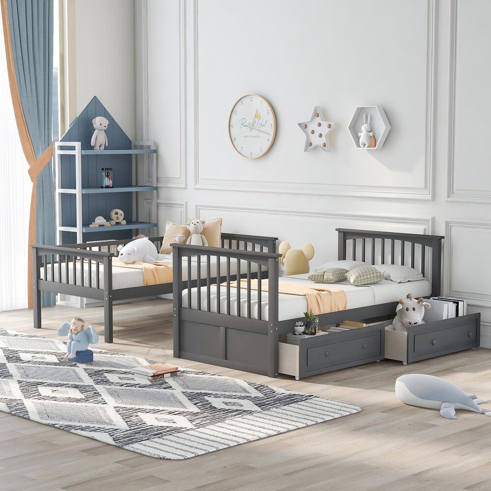 Hearth and Haven Twin over Twin Convertible Bunk Bed with Drawers in Gray, , large