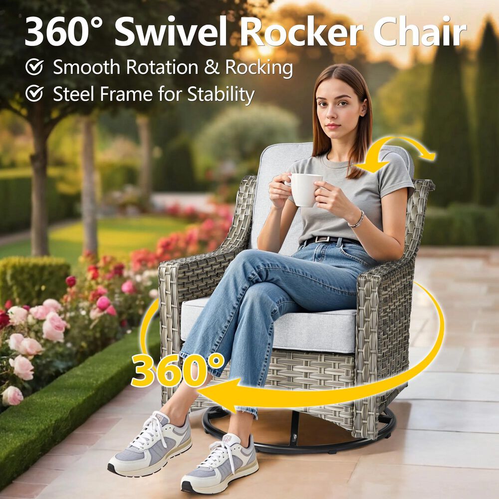 HOMLUX 3-Piece Outdoor Swivel Rocking Chair Set and Side Table in Gray, , large