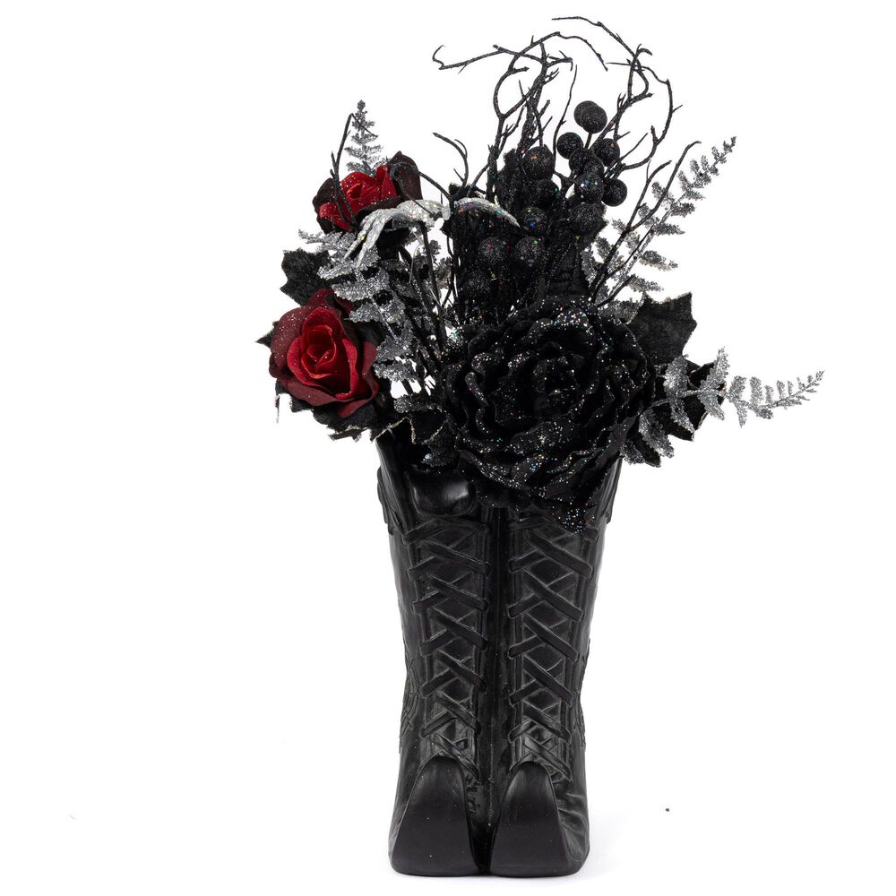 The Gerson Company 22&quot;H Resin Halloween Witch Boots with Floral Arrangement in Black, , large