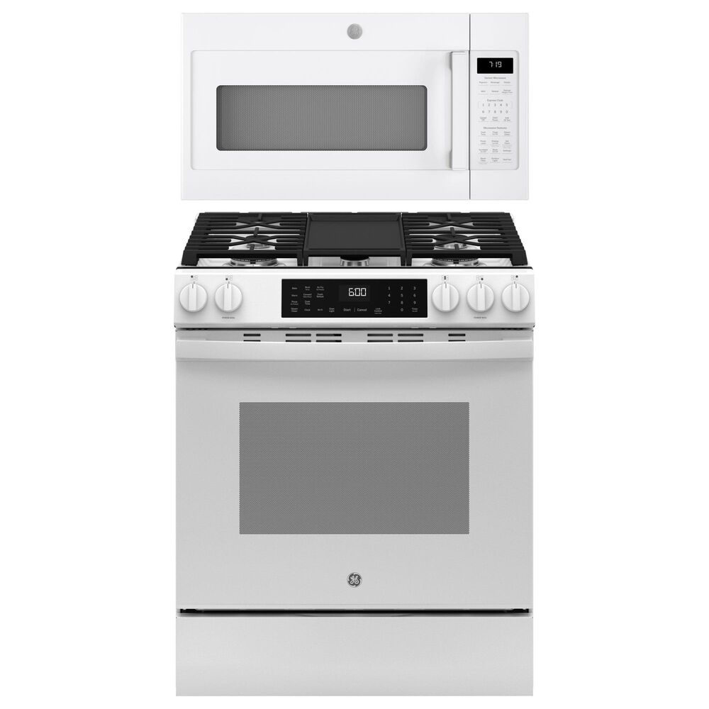 GE Appliances 2-Piece Kitchen Packages with 30" Slide-In Gas Range and 1.9 Cu. Ft. Over-the-Range Microwave Oven in White, , large