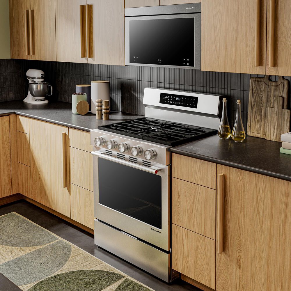 KitchenAid 2-Piece Kitchen Package with 30" Smart Freestanding Gas Range and 30" Over-the-Range Microwave Oven in PrintShield Stainless Steel, , large