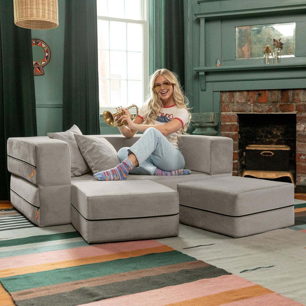 Jaxx Zipline Convertible Queen Sleeper Loveseat &amp; Ottomans in Pewter Velvet, , large
