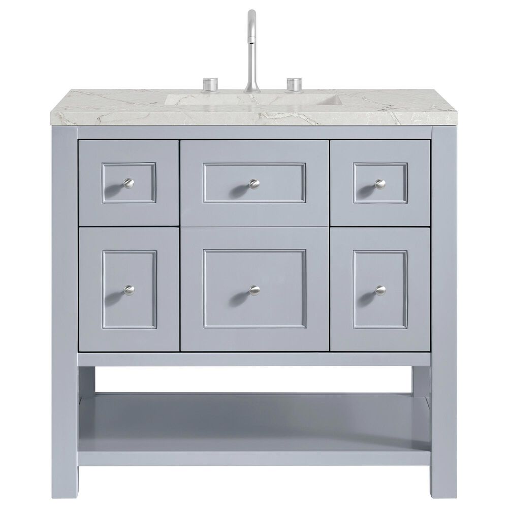 James Martin Vanities Breckenridge 36" Single Bathroom Vanity in Serenity Blue with 3 cm Victorian Silver Quartz Top and Rectangular Sink, , large