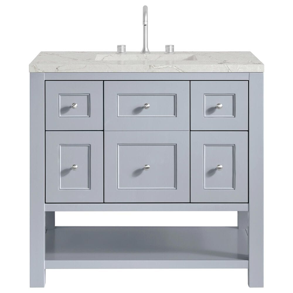 James Martin Vanities Breckenridge 36" Single Bathroom Vanity in Serenity Blue with 3 cm Victorian Silver Quartz Top and Rectangular Sink, , large