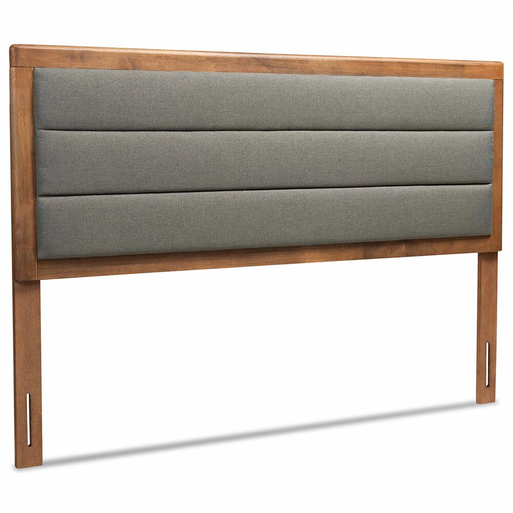 Baxton Studio Dexter King Panel Headboard with Dark Grey Fabric in Walnut Brown, , large