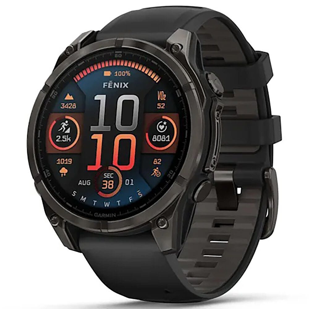 Garmin Fenix 8 Sapphire AMOLED Smartwatch 47mm Carbon Gray DLC Titanium Case with Black and Pebble Gray Silicone Band, , large