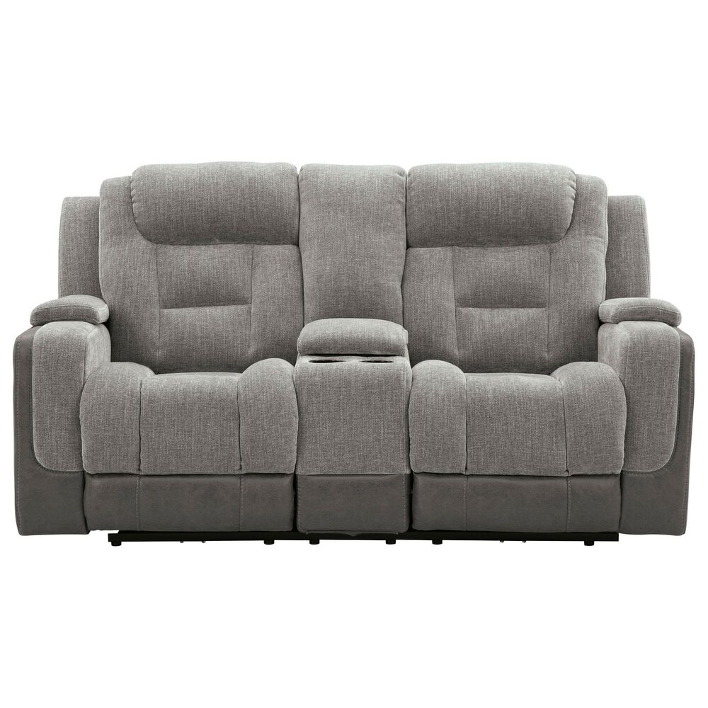 Ashley Mixed Motion Power Reclining Loveseat with Console in Shadow, , large