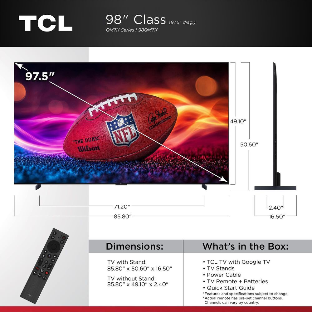 TCL 98&quot; Class QM7K Series 4K UHD HDR QD-Mini LED - Smart Google TV with Q Class 7.1.4 Channel Soundbar System in Black, , large