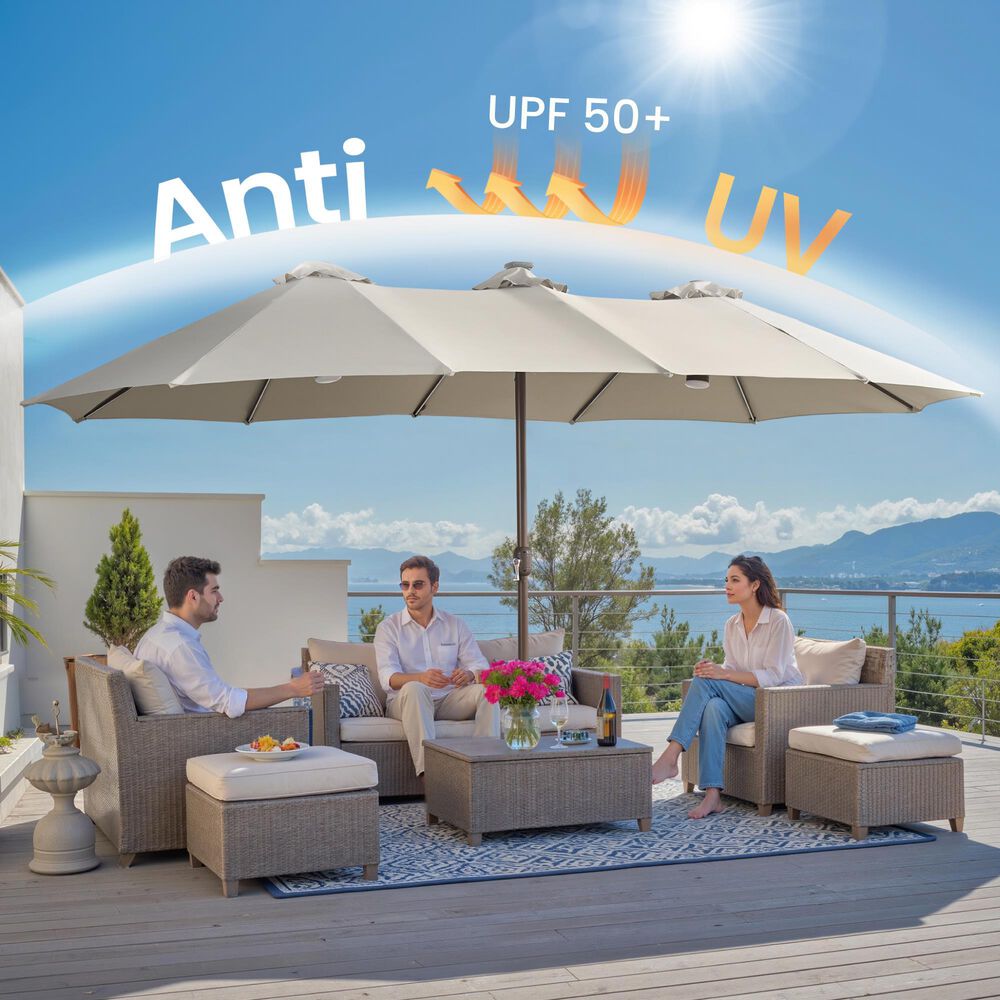 HOMLUX 15' Double-Sided Outdoor Market Umbrella with Sandbag Base and RGB LED Lights in Light Gray, , large