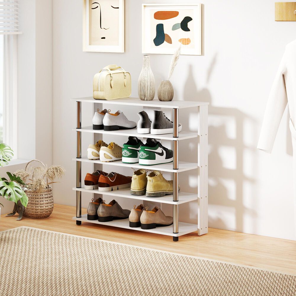 HOMLUX 5-Tier Shoe Rack in White Oak and Stainless Steel, , large