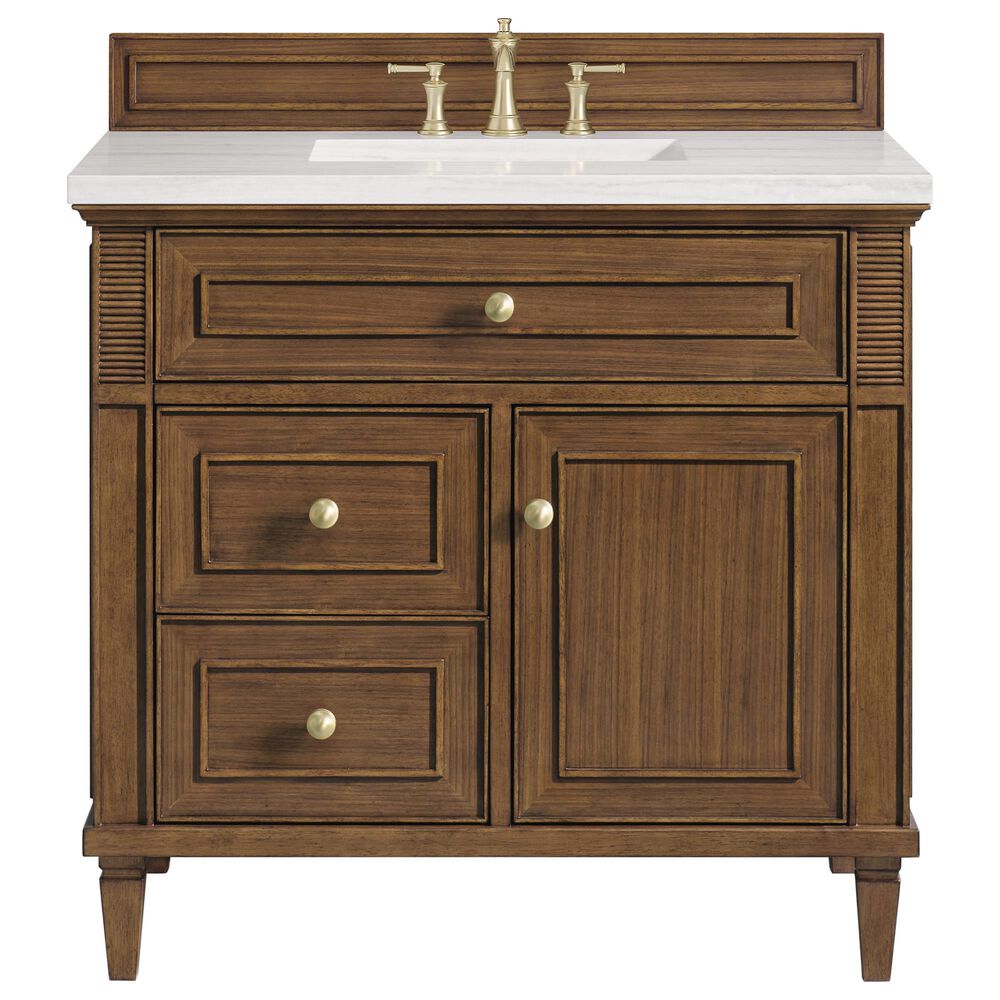 James Martin Vanities Lorelai 36&quot; Single Vanity in Mid-Century Walnut with 3 cm Arctic Fall Solid Surface Top, , large