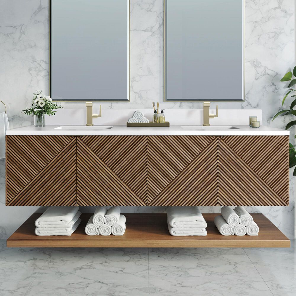 James Martin Vanities Marcello 72" Double Bathroom Vanity in Chestnut with Single Hole 3 cm White Zeus Quartz Top and Rectangular Sinks, , large