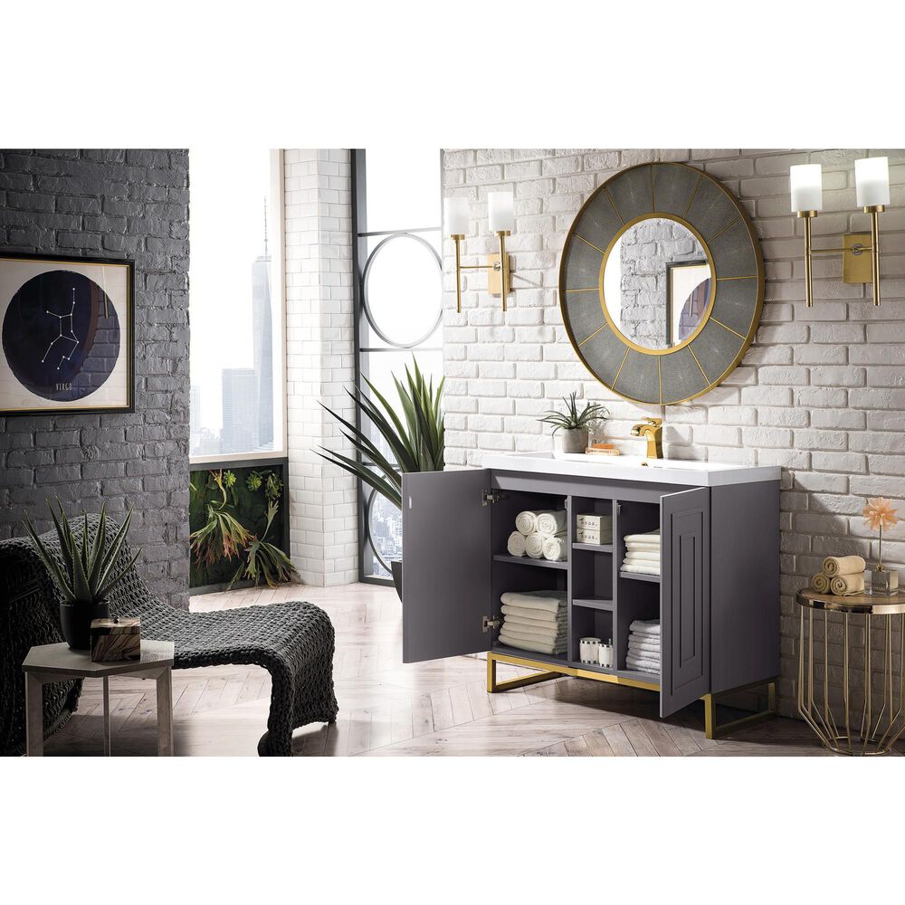 James Martin Vanities Alicante 39.5&quot; Single Bathroom Vanity in Grey Smoke and Radiant Gold with 5 cm White Glossy Resin Top and Rectangular Sink, , large