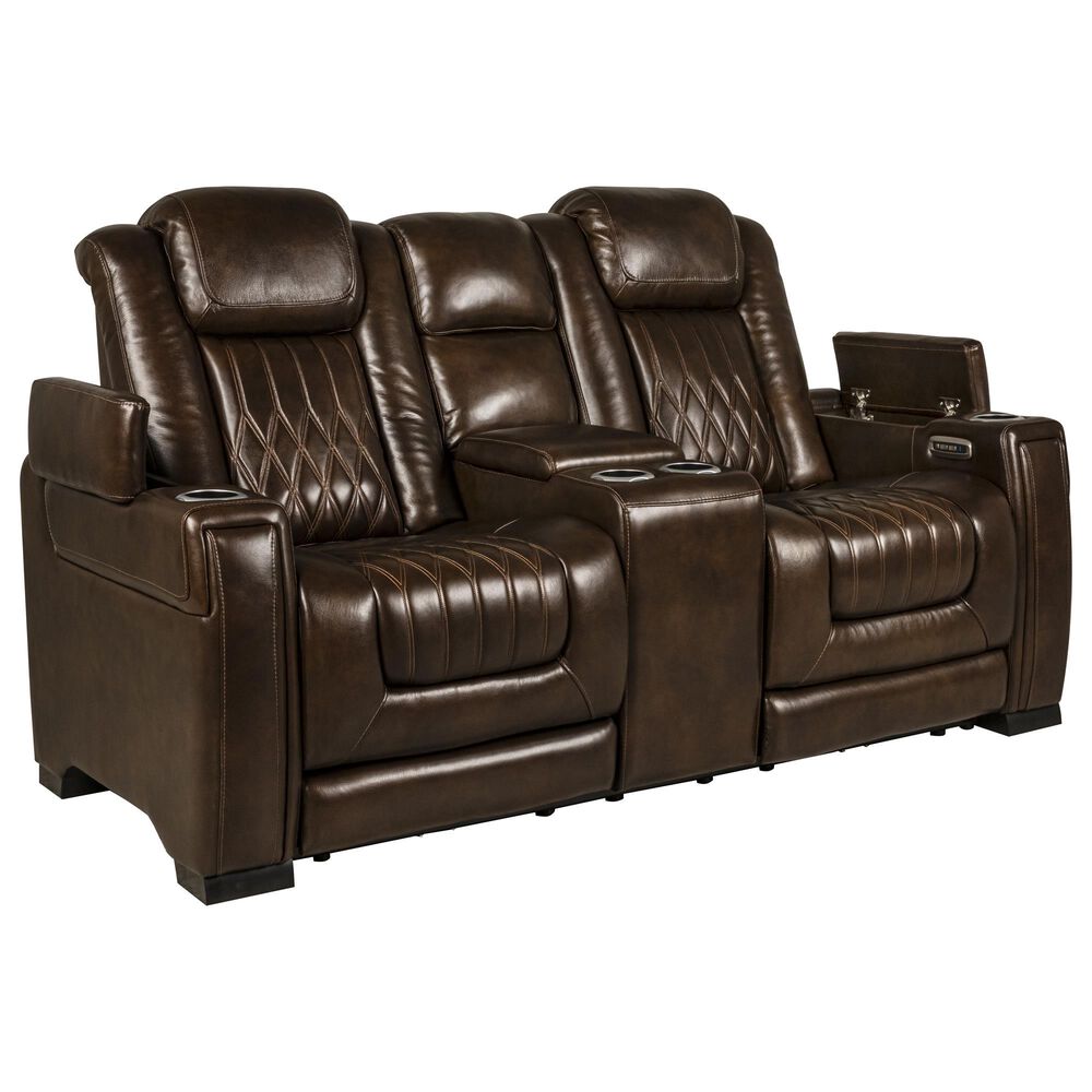 Frankfurt Furniture Leather Power Reclining Console Loveseat with Power Headrest in Brown, , large