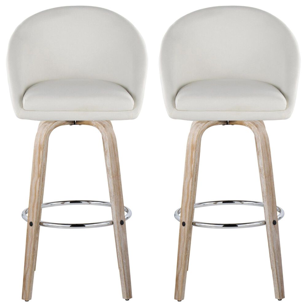 LumiSource Matisse 30" Swivel Barstool with Cream Fabric Upholstery in Whitewashed and Chrome (Set of 2), , large