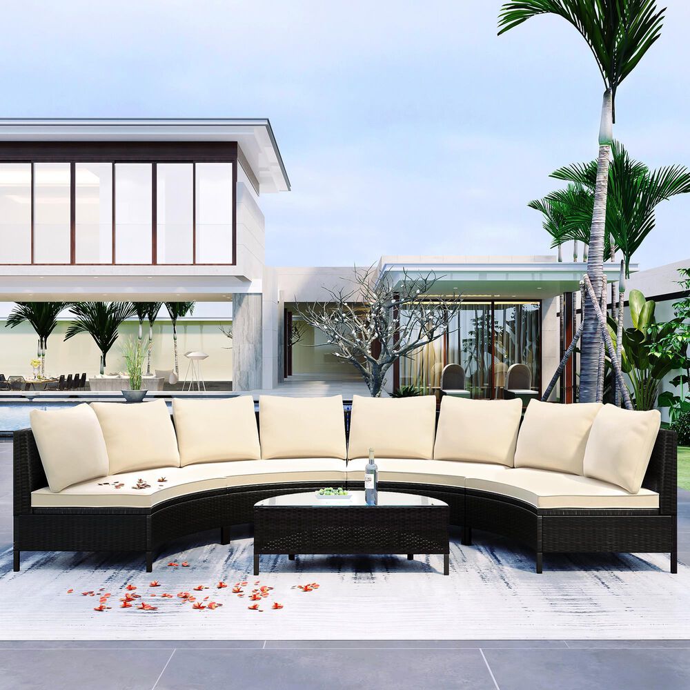 HOMLUX 5 Pieces All-Weather Brown PE Rattan Wicker Sofa Set in Beige, , large