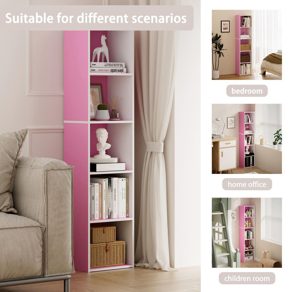 HOMLUX 5-Tier Cube Open Shelf Storage Organizer Bookcase in Pink and White, , large