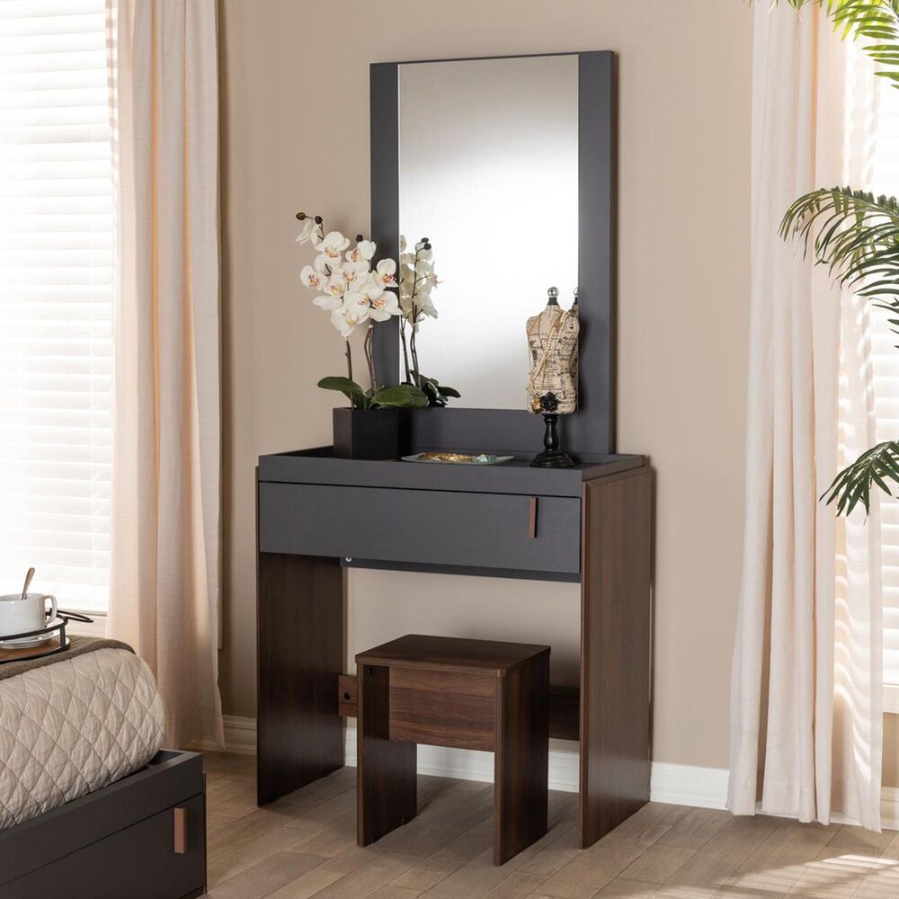 Baxton Studio Rikke Vanity Set in Gray/Walnut, , large