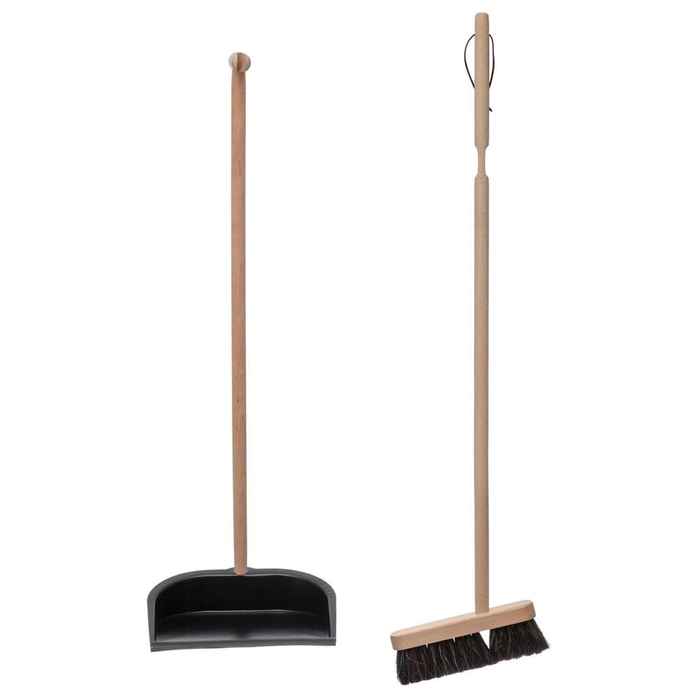 Creative Coop 2-Piece Beech Wood Broom and Standing Metal Dust Pan Set in Natural and Black, , large