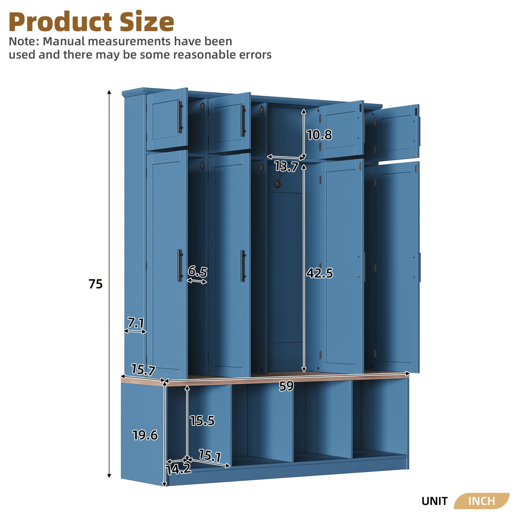 HOMLUX 4-Hook Hall Tree with 8-Door in Blue and Walnut