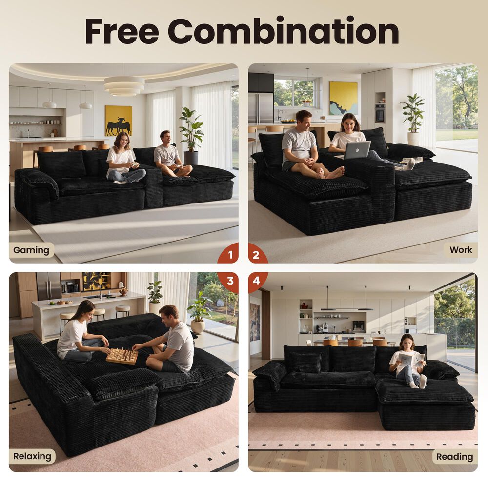 HOMLUX 112" Modern Sectional Sofa with Curved Armrests in Black, , large