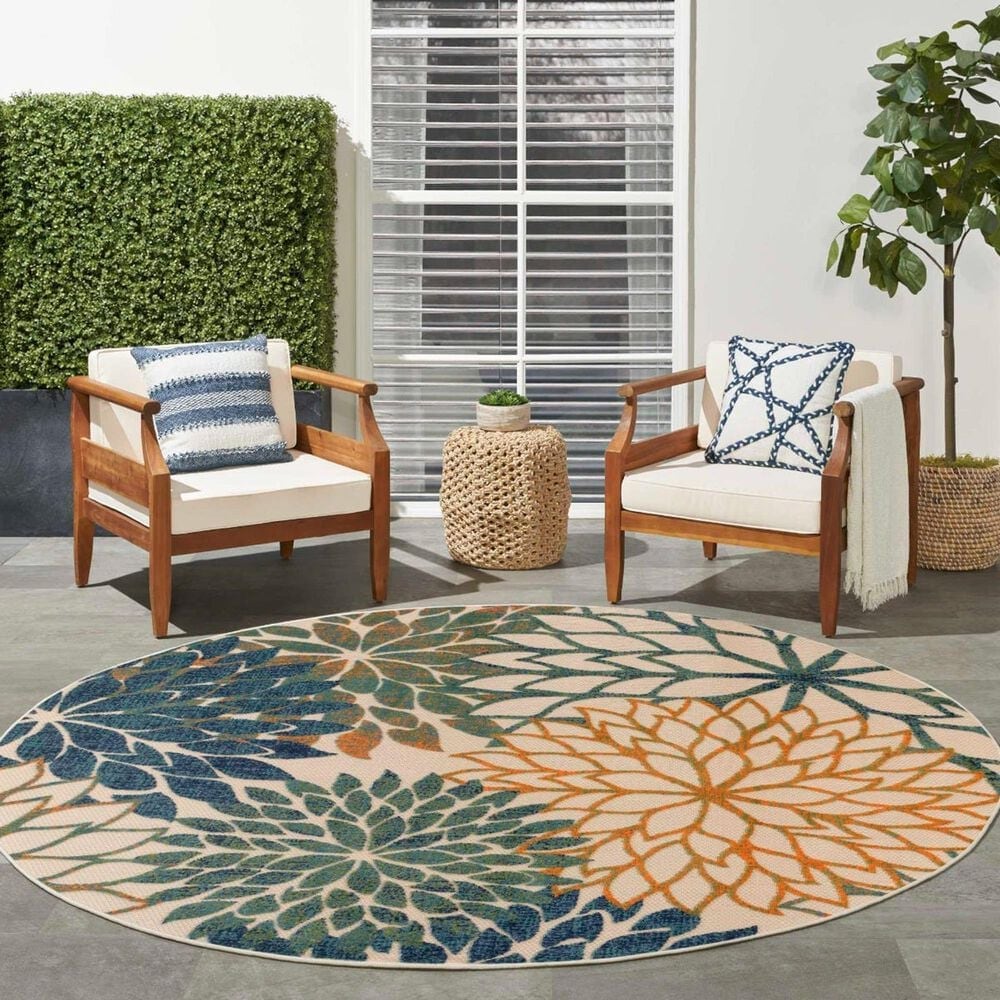 Nourison Aloha 5&#39;3&quot; Round Blue and Green Indoor/Outdoor Area Rug, , large