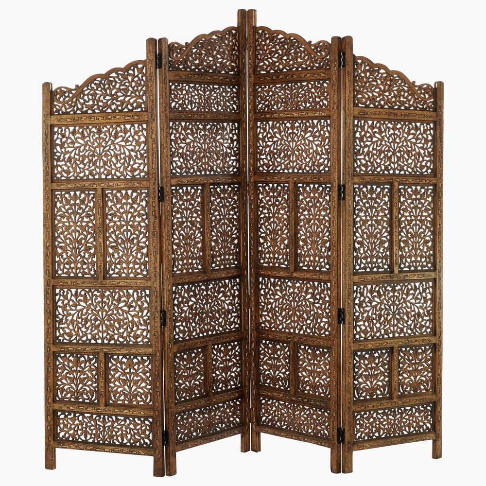 Maple and Jade 4-Panel Foldable Room Divider Screen with Carved Designs in Brown, , large