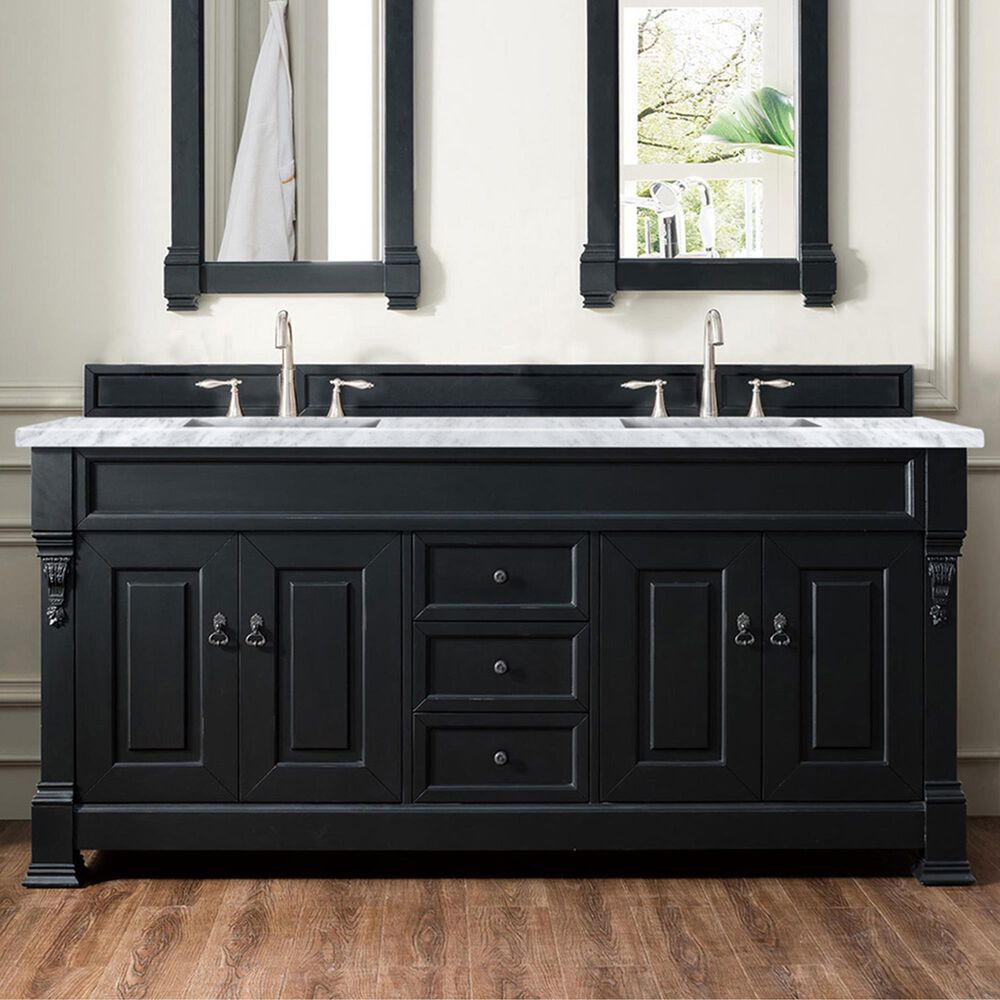 James Martin Vanities Brookfield 72" Double Bathroom Vanity in Antique Black with 3 cm Carrara White Marble Top and Rectangle Sink, , large