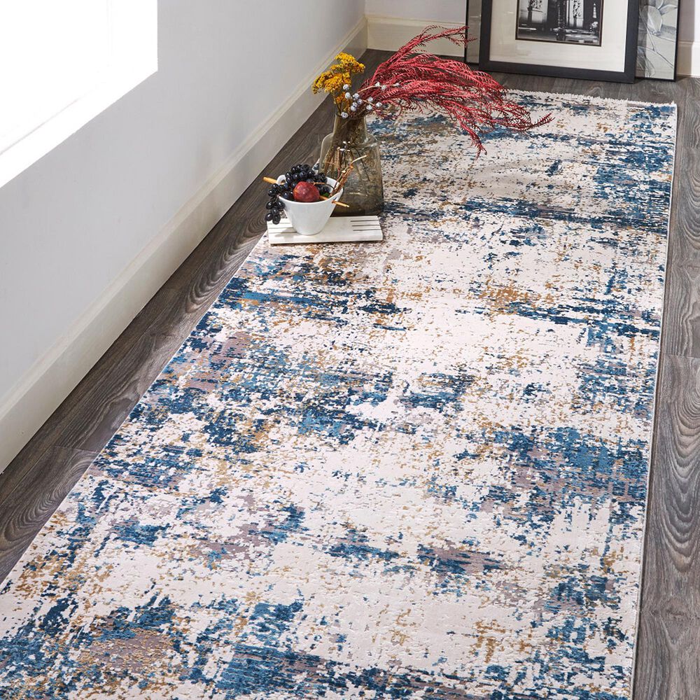 Feizy Cadiz Blue and Ivory 3&#39;1&quot; x 10&#39; Runner, , large