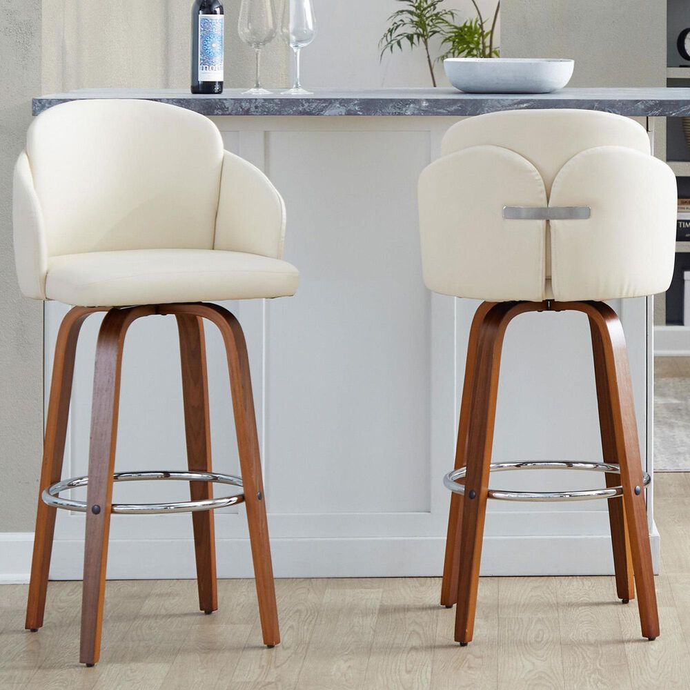 LumiSource Dahlia Swivel Bar Stool with Cream Faux Leather Upholstery in Walnut and Chrome (Set of 2), , large