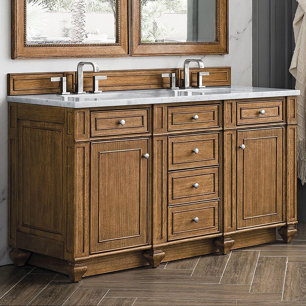 James Martin Vanities Bristol 60&quot; Double Bathroom Vanity in Saddle Brown with 3 cm Arctic Fall Solid Surface Top and Rectangular Sinks, , large