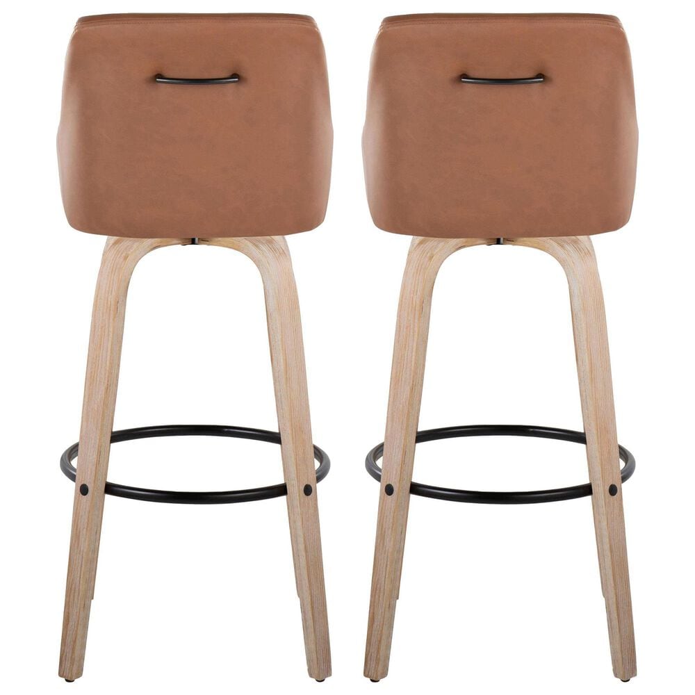LumiSource Hannah Swivel Bar Stool with Camel Faux Leather Upholstery in Whitewashed and Black (Set of 2), , large