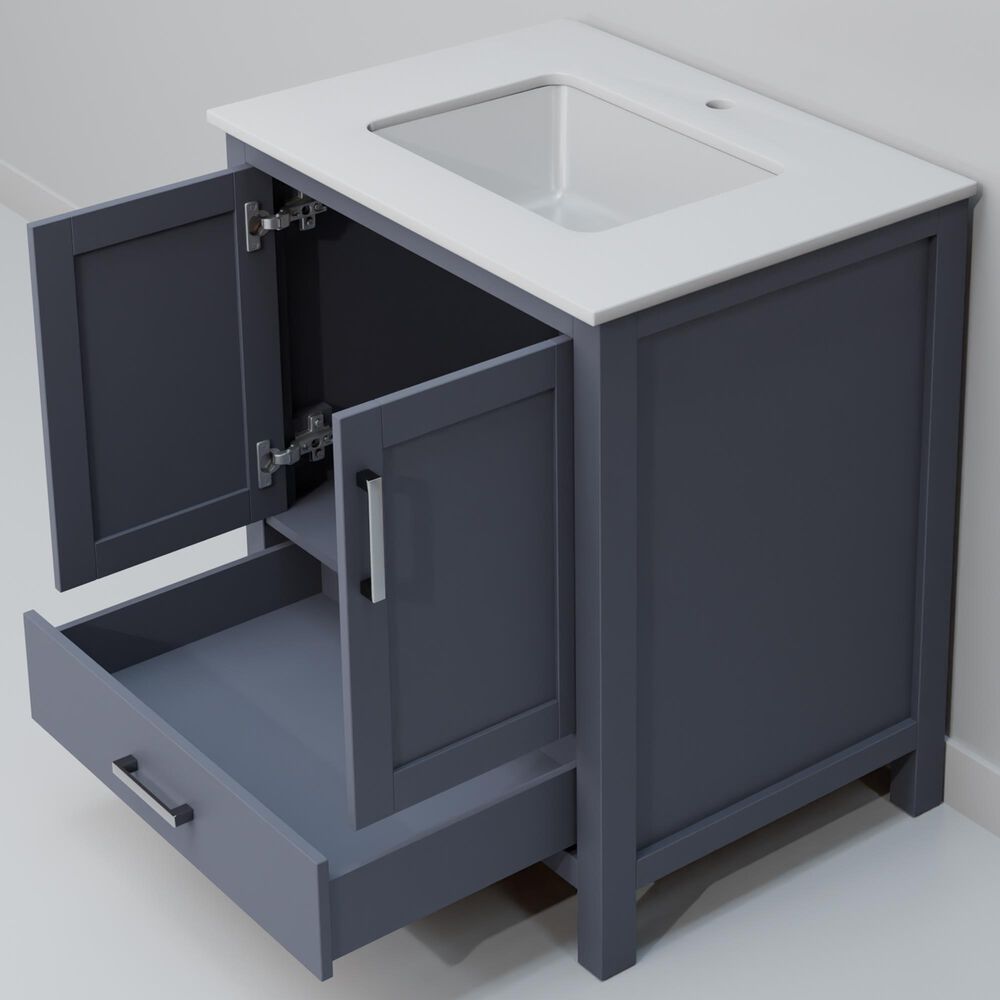 Lexora Home Jacques 30&quot; Single Bathroom Vanity in Dark Grey with 2 cm White Cultured Marble Top and Rectangular Sink, , large