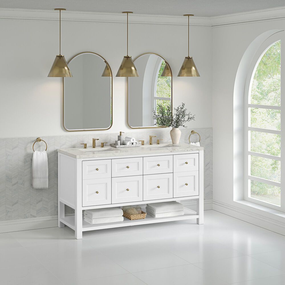 James Martin Vanities Breckenridge 60&quot; Double Bathroom Vanity in Bright White with 3 cm Victorian Silver Quartz Top and Rectangular Sinks, , large