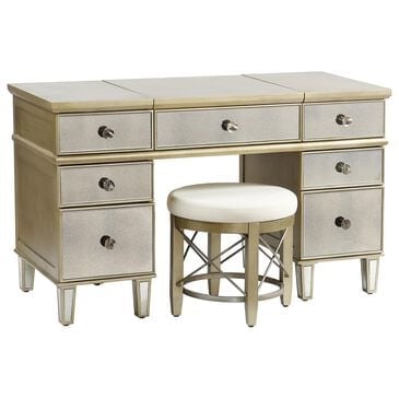 Flair Industries Vanessa 6-Drawers Vanity Desk with Folding Mirror and Stool in Champagne Silver, , large
