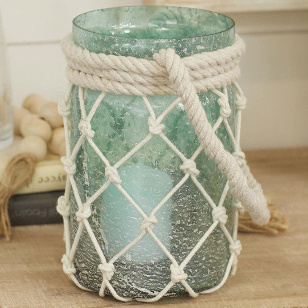 Maple and Jade 5&quot; x 16&quot; Indoor/Outdoor Candle Lantern with Rope Handle in Frosted Blue and Cream, , large