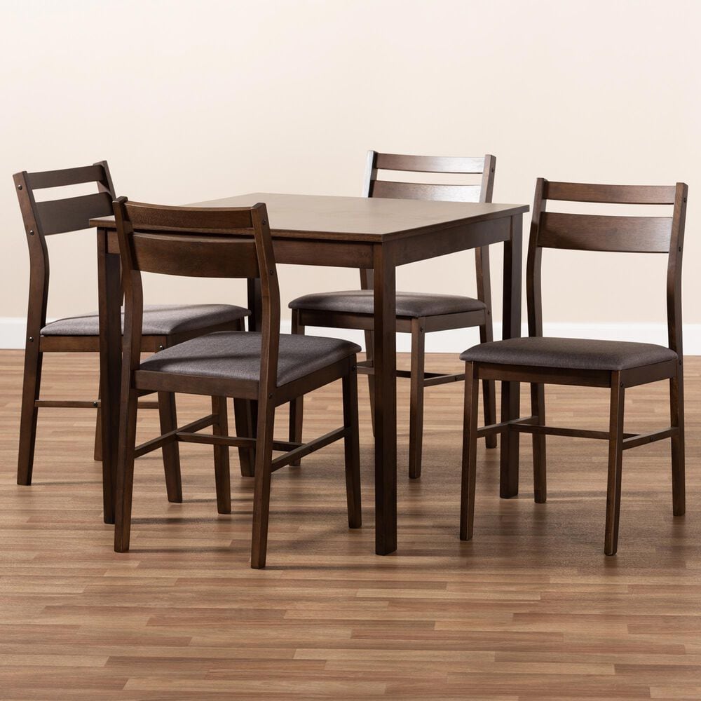 Baxton Studio Lovy 5-Piece Square Dining Set with Gray Fabric in Dark Walnut, , large