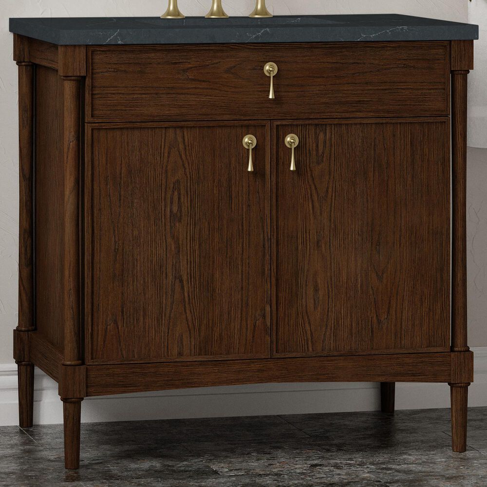 James Martin Kinnsden 36" Single Bathroom Vanity in Sable Oak with 3 cm Charcoal Soapstone Silestone Top and Rectangular Sink, , large