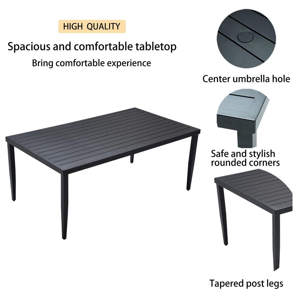 Hearth and Haven Outdoor Rectangular Dining Table with Umbrella Hole and Tapered Feet in Ember Black - Table Only, , large